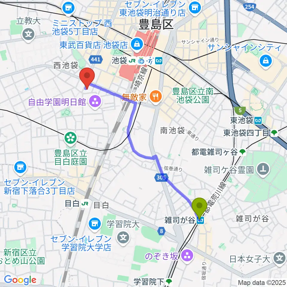 雑司が谷駅からとしま産業振興プラザ IKE・Bizへのルートマップ地図
