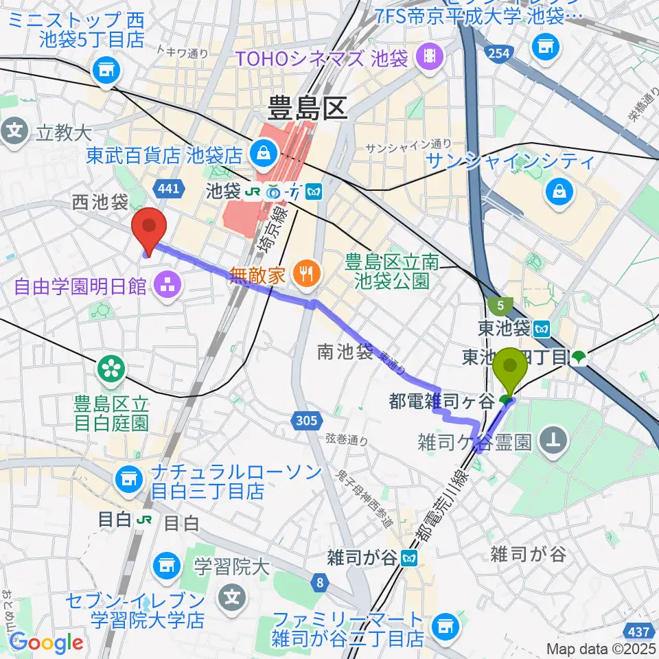 都電雑司ヶ谷駅からとしま産業振興プラザ IKE・Bizへのルートマップ地図
