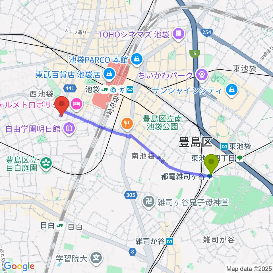 都電雑司ヶ谷駅からとしま産業振興プラザ IKE・Bizへのルートマップ地図