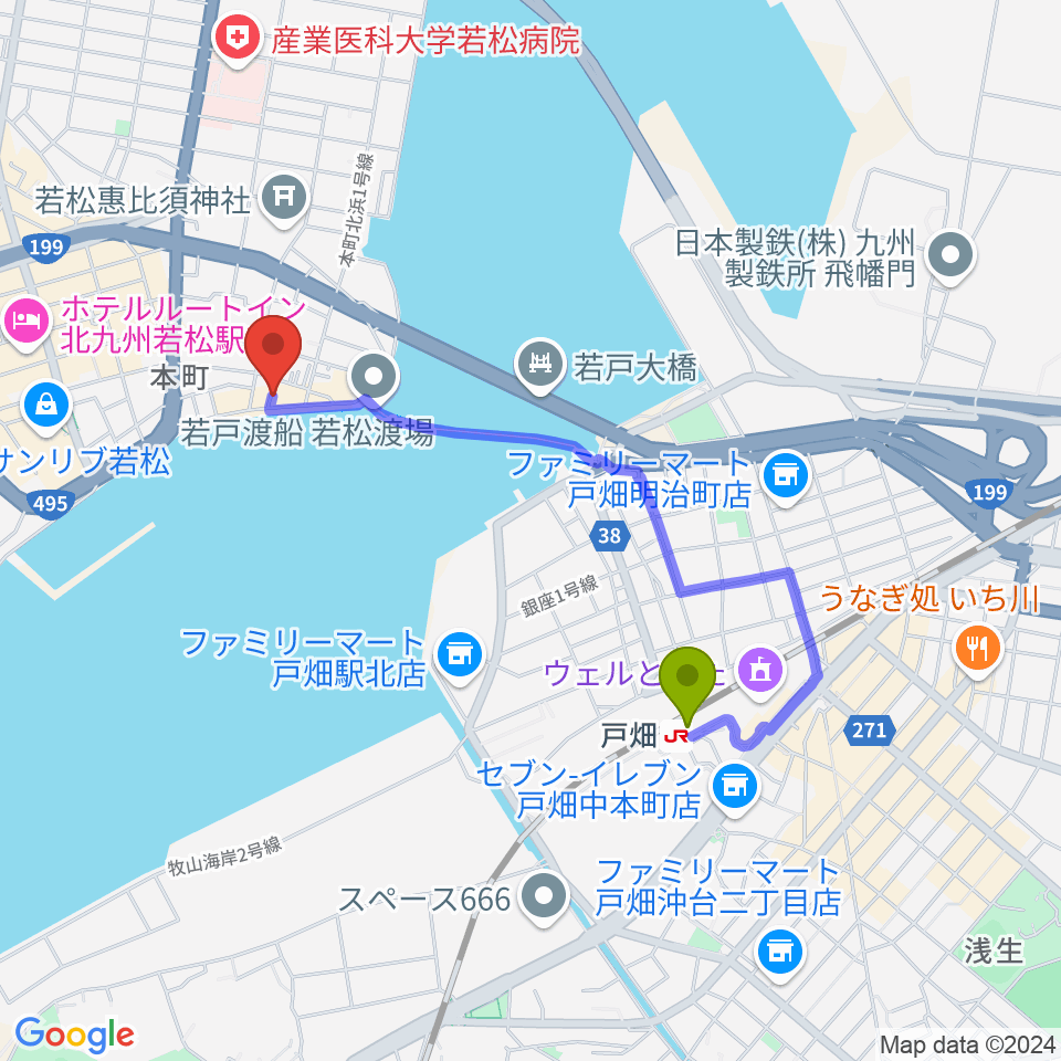 戸畑駅から旧古河鉱業若松ビルへのルートマップ地図