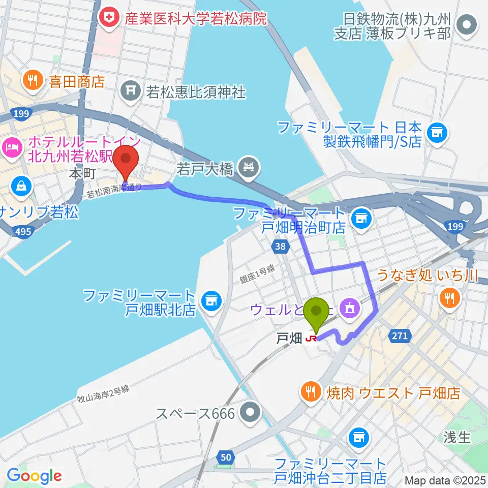 戸畑駅から旧古河鉱業若松ビルへのルートマップ地図