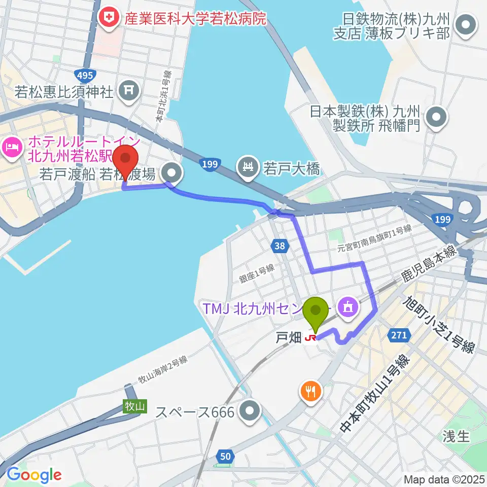 戸畑駅から旧古河鉱業若松ビルへのルートマップ地図