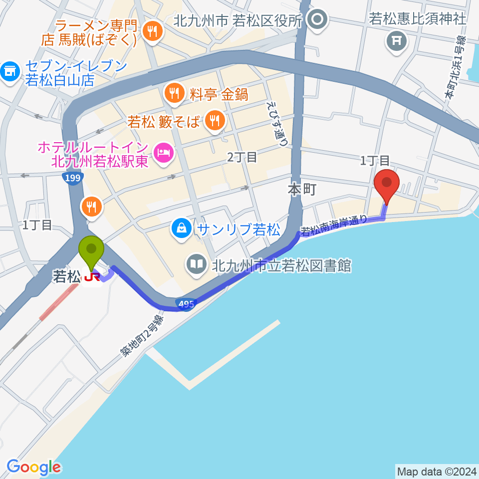 旧古河鉱業若松ビルの最寄駅若松駅からの徒歩ルート（約10分）地図