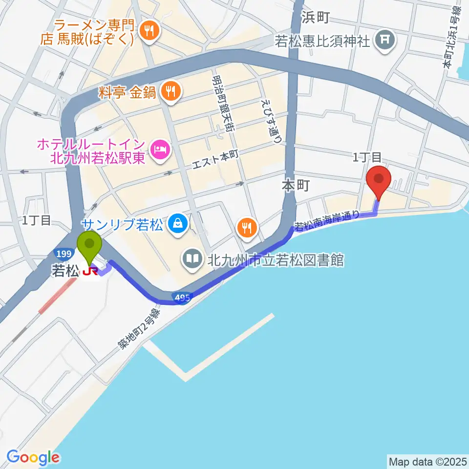 旧古河鉱業若松ビルの最寄駅若松駅からの徒歩ルート（約10分）地図