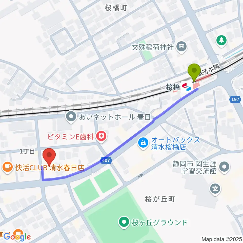 すみやグッディおとサロン清水春日の最寄駅桜橋駅からの徒歩ルート（約5分）地図