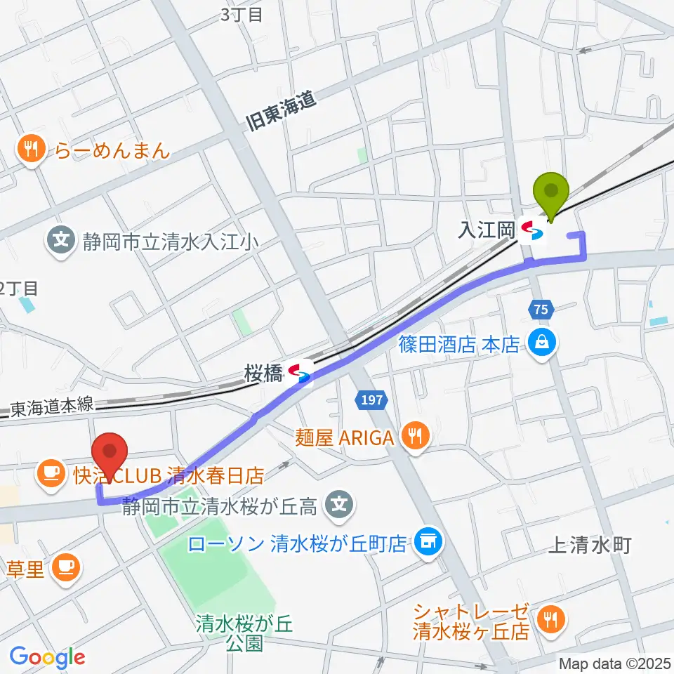 入江岡駅からすみやグッディおとサロン清水春日へのルートマップ地図