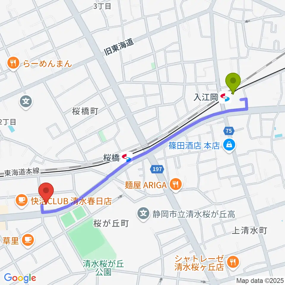 入江岡駅からすみやグッディおとサロン清水春日へのルートマップ地図