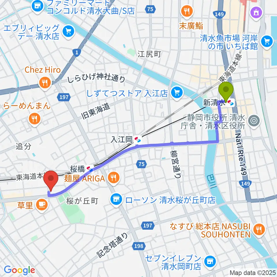 新清水駅からすみやグッディおとサロン清水春日へのルートマップ地図