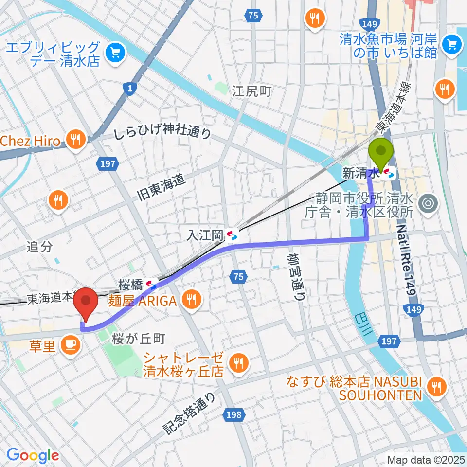 新清水駅からすみやグッディおとサロン清水春日へのルートマップ地図