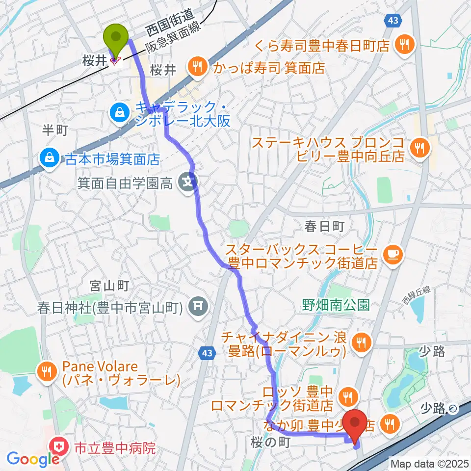 桜井駅から豊中リップセカンドへのルートマップ地図