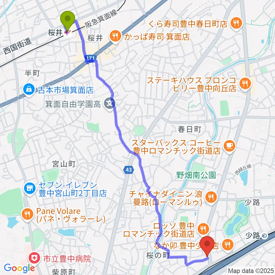 桜井駅から豊中リップセカンドへのルートマップ地図