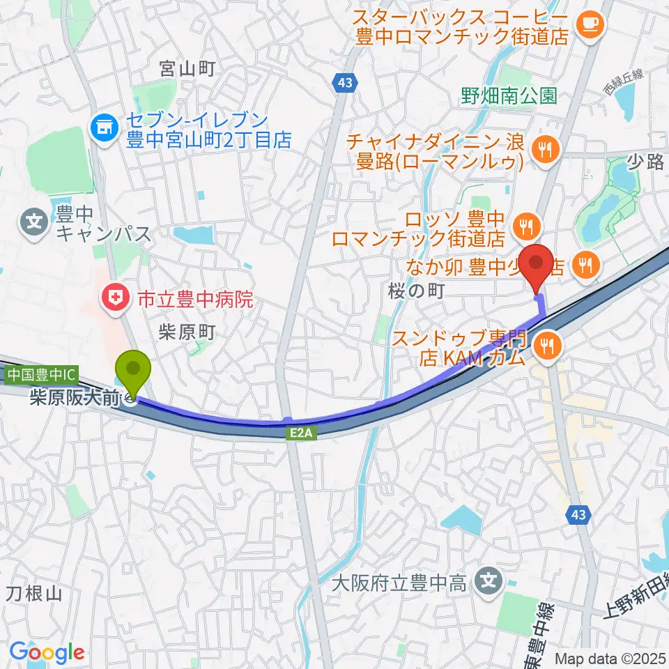 柴原阪大前駅から豊中リップセカンドへのルートマップ地図