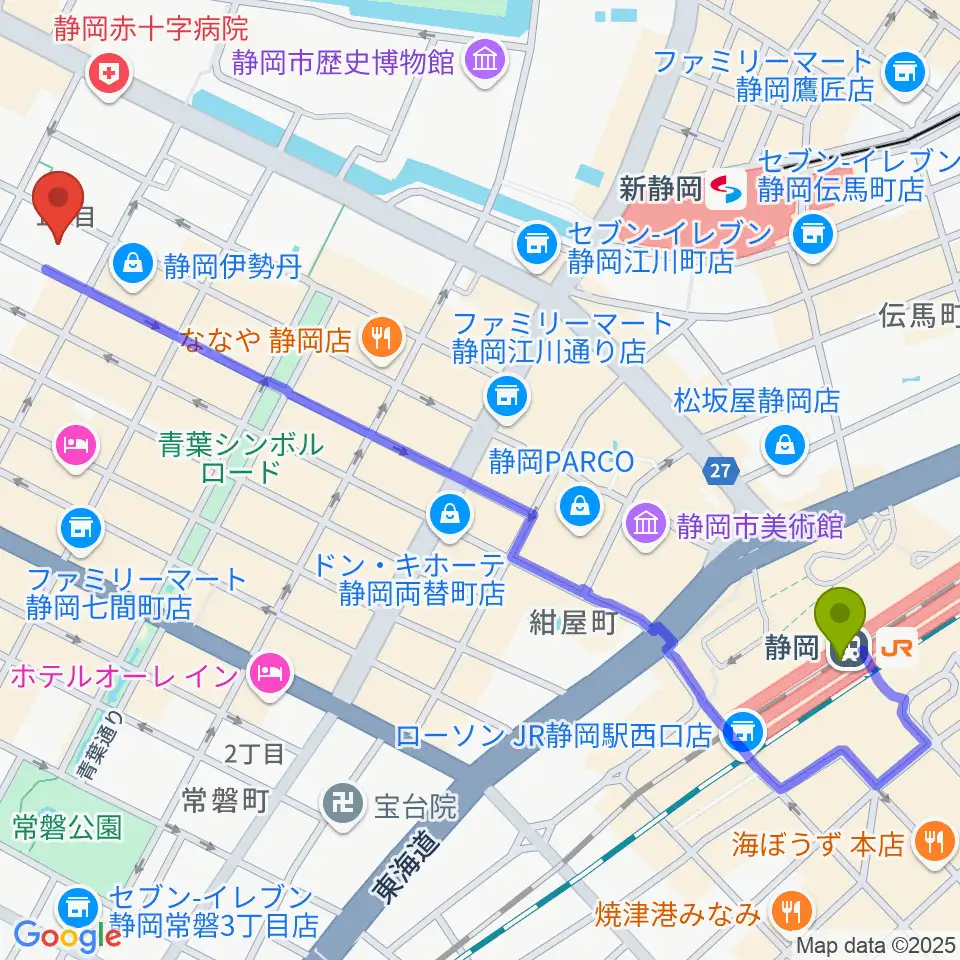 静岡駅からすみやグッディ本店へのルートマップ地図