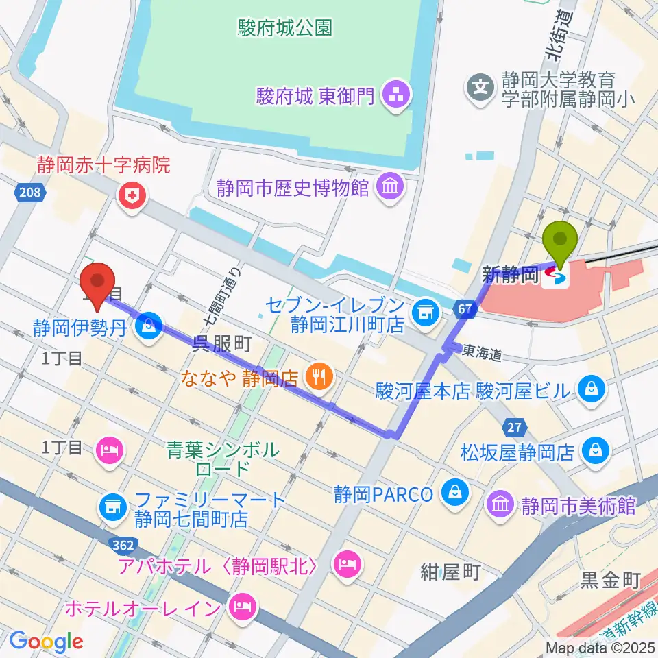 すみやグッディ本店の最寄駅新静岡駅からの徒歩ルート（約11分）地図