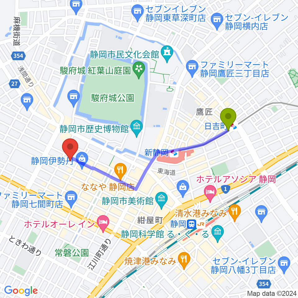 日吉町駅からすみやグッディ本店へのルートマップ地図