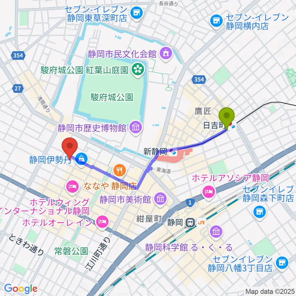 日吉町駅からすみやグッディ本店へのルートマップ地図