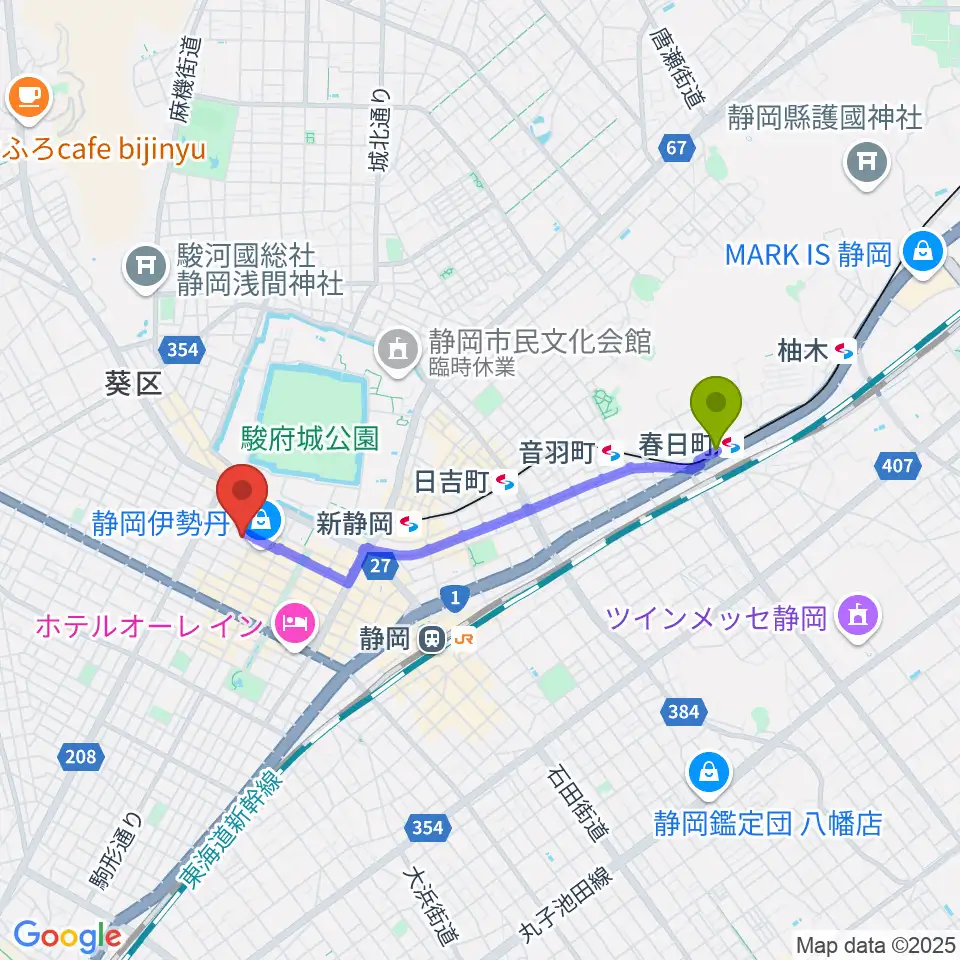 春日町駅からすみやグッディ本店へのルートマップ地図