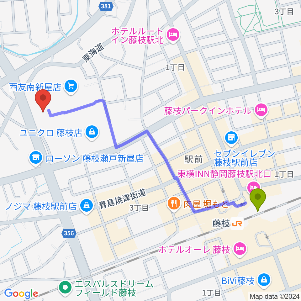 すみやグッディ藤枝店の最寄駅藤枝駅からの徒歩ルート（約12分）地図