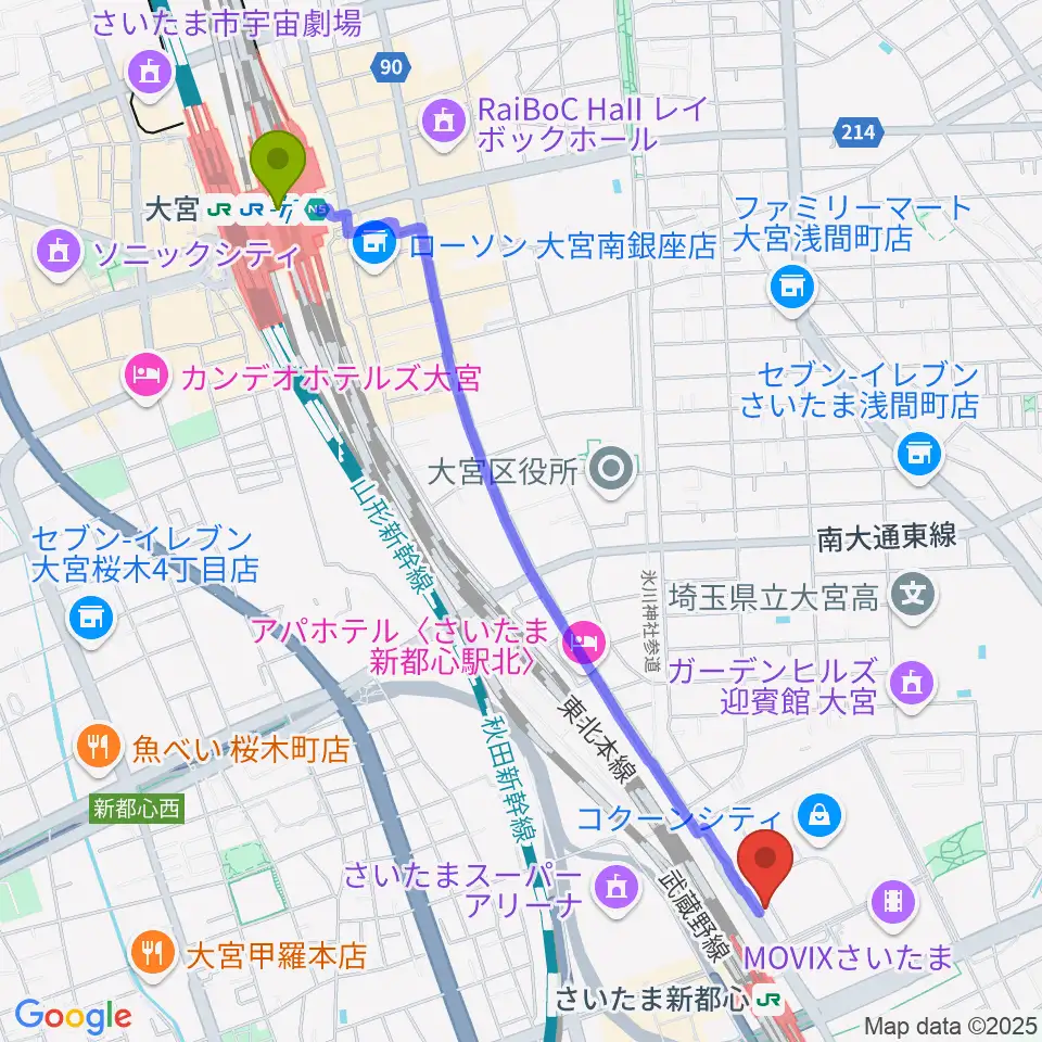 大宮駅からコクーンシティカルチャーセンターへのルートマップ地図