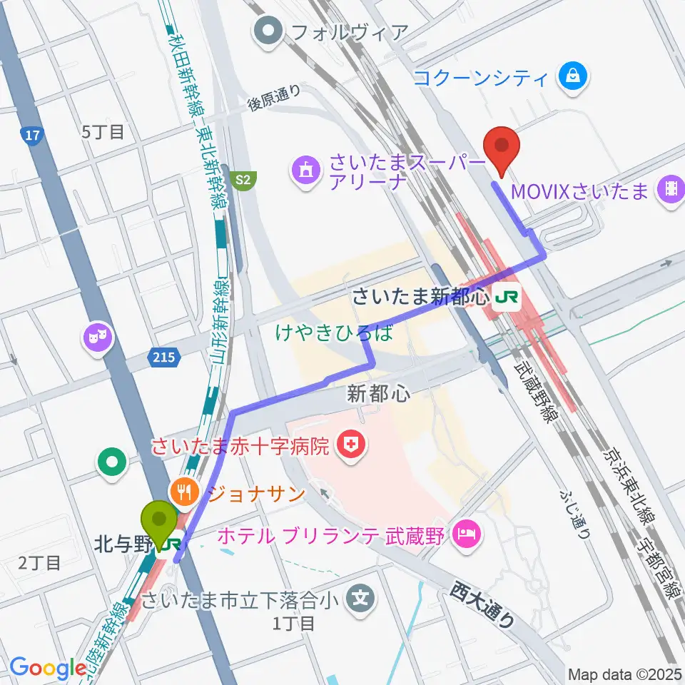 北与野駅からコクーンシティカルチャーセンターへのルートマップ地図