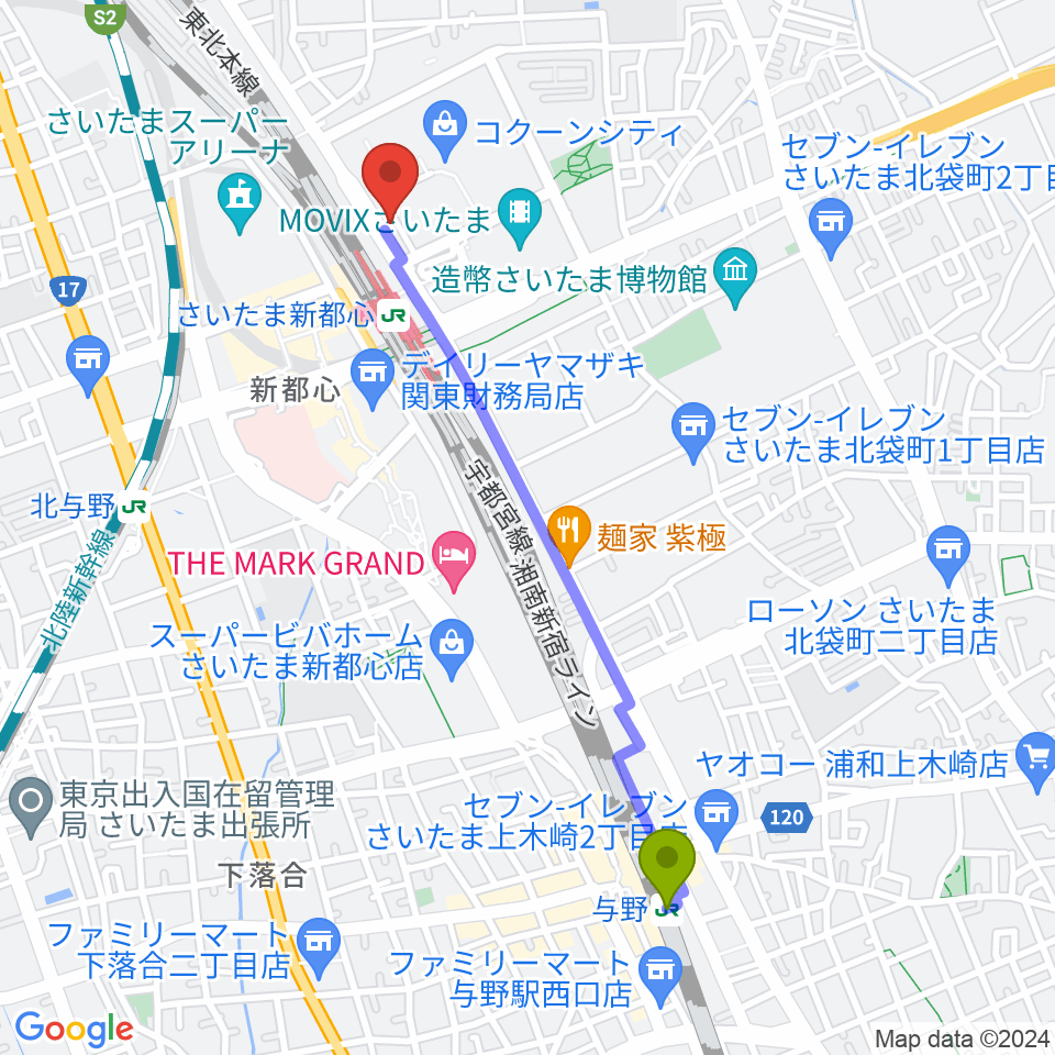 与野駅からコクーンシティカルチャーセンターへのルートマップ地図