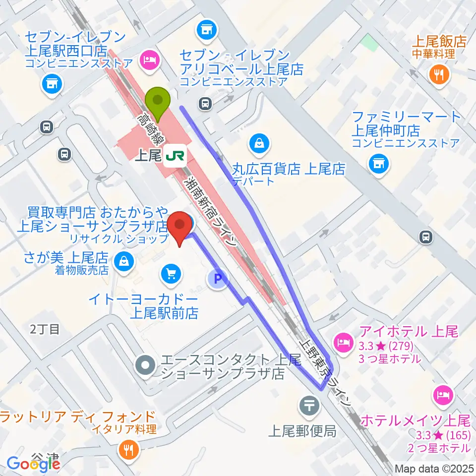 ヨークカルチャーセンター上尾の最寄駅上尾駅からの徒歩ルート（約2分）地図