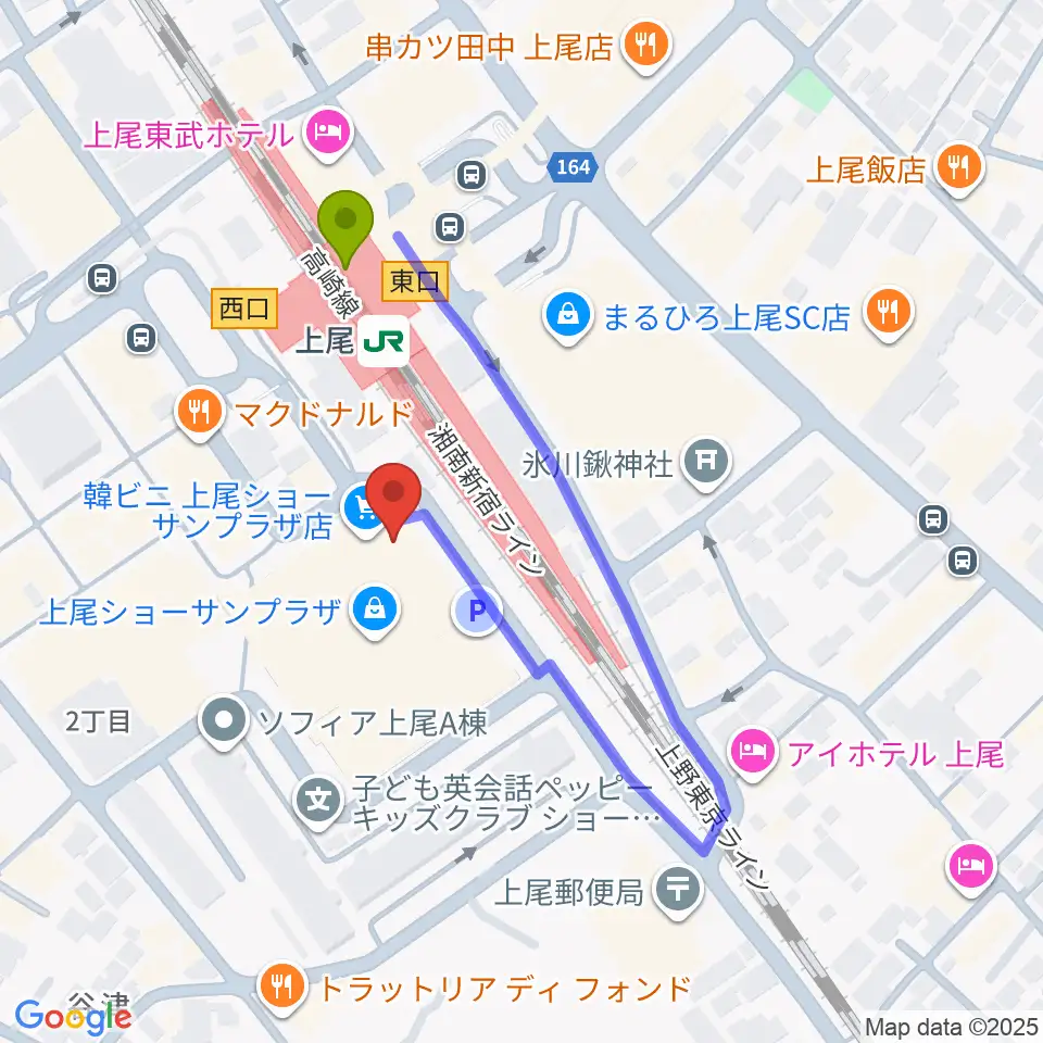 ヨークカルチャーセンター上尾の最寄駅上尾駅からの徒歩ルート（約2分）地図