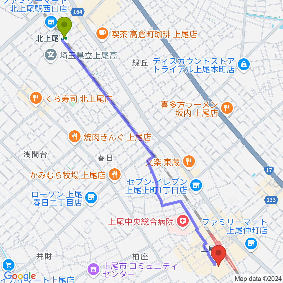 北上尾駅からヨークカルチャーセンター上尾へのルートマップ地図