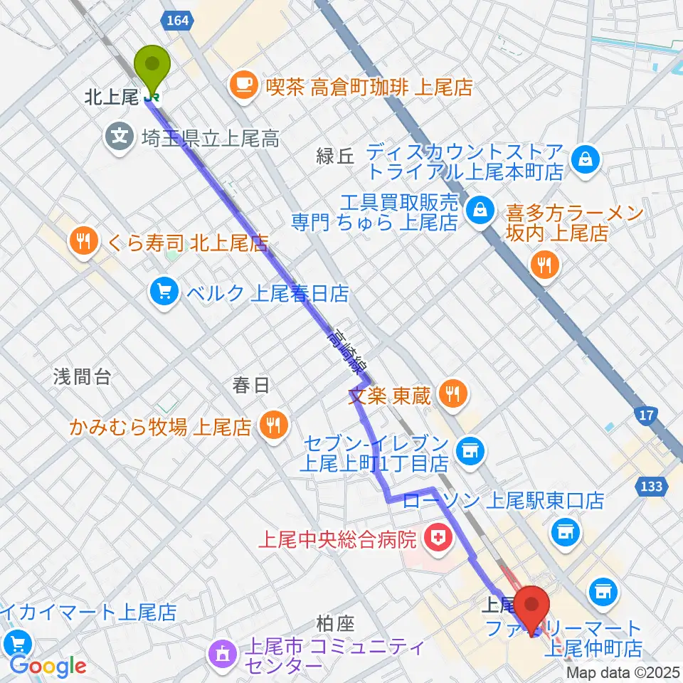 北上尾駅からヨークカルチャーセンター上尾へのルートマップ地図