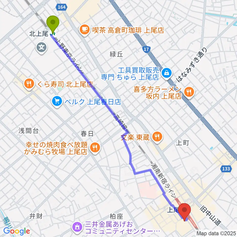 北上尾駅からヨークカルチャーセンター上尾へのルートマップ地図