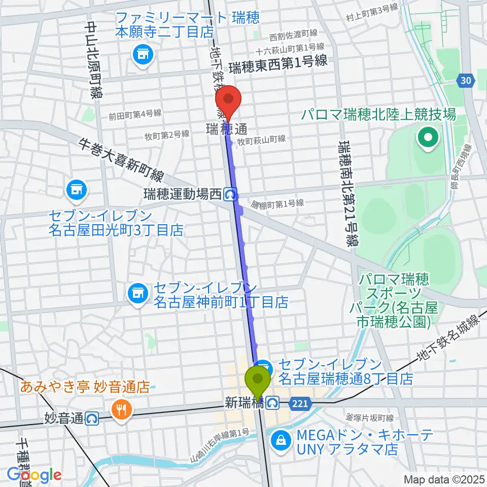 新瑞橋駅からレコーディングスタジオ リカレンスへのルートマップ地図