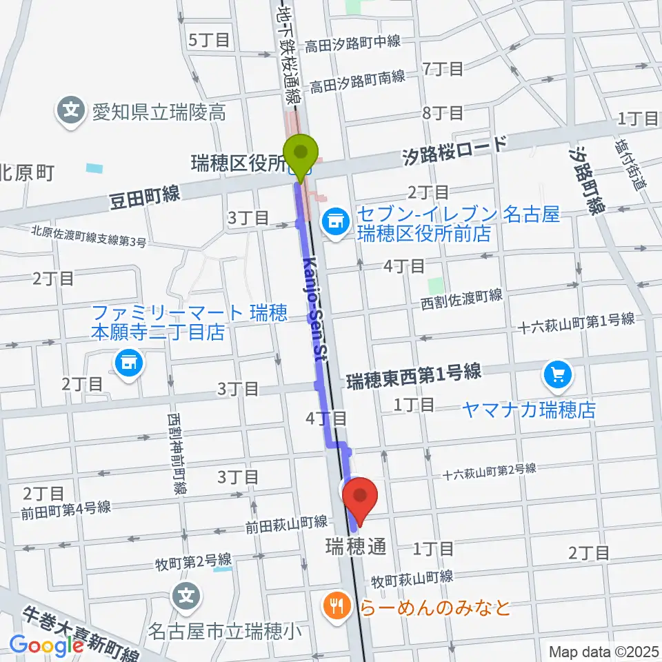 瑞穂区役所駅からレコーディングスタジオ リカレンスへのルートマップ地図