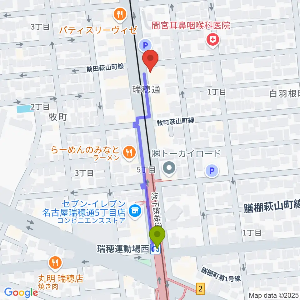 レコーディングスタジオ リカレンスの最寄駅瑞穂運動場西駅からの徒歩ルート（約5分）地図