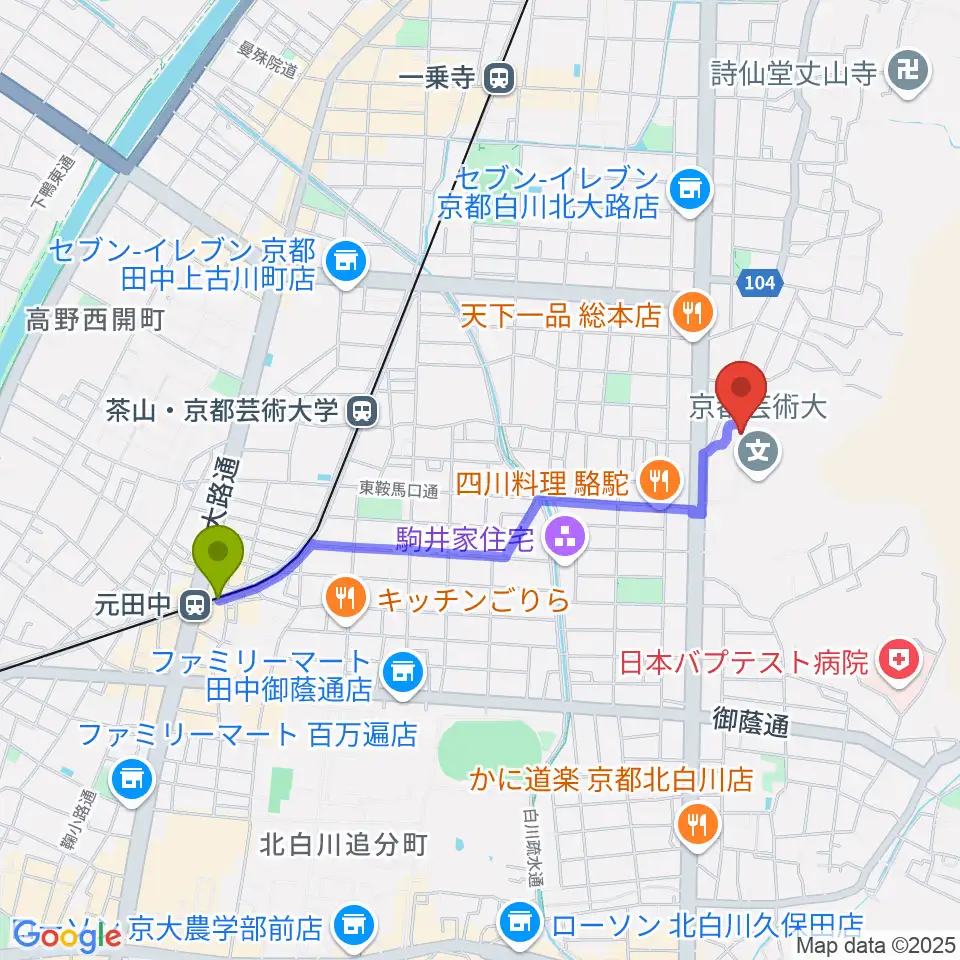 元田中駅から京都芸術劇場 春秋座へのルートマップ地図