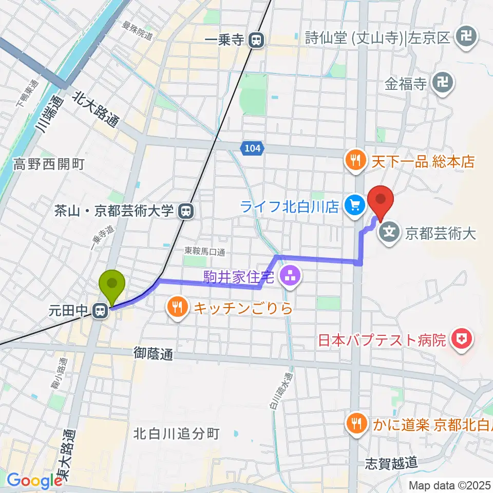 元田中駅から京都芸術劇場 春秋座へのルートマップ地図