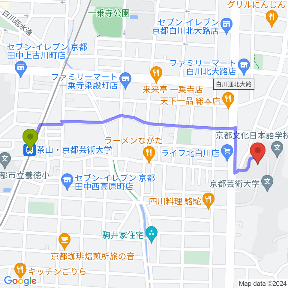 京都芸術劇場 春秋座の最寄駅茶山駅からの徒歩ルート（約12分）地図