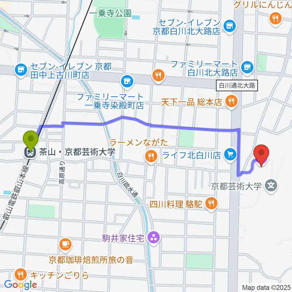 京都芸術劇場 春秋座の最寄駅茶山駅からの徒歩ルート（約12分）地図