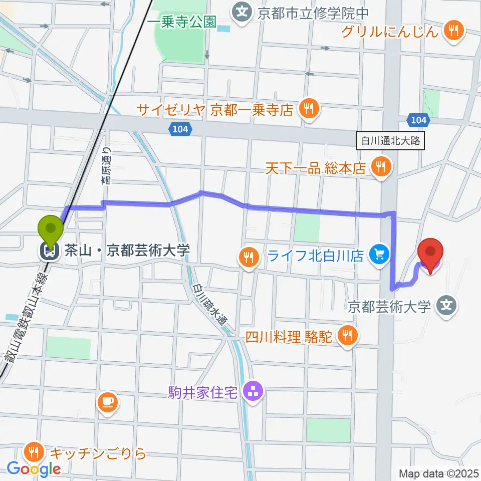 京都芸術劇場 春秋座の最寄駅茶山駅からの徒歩ルート（約12分）地図