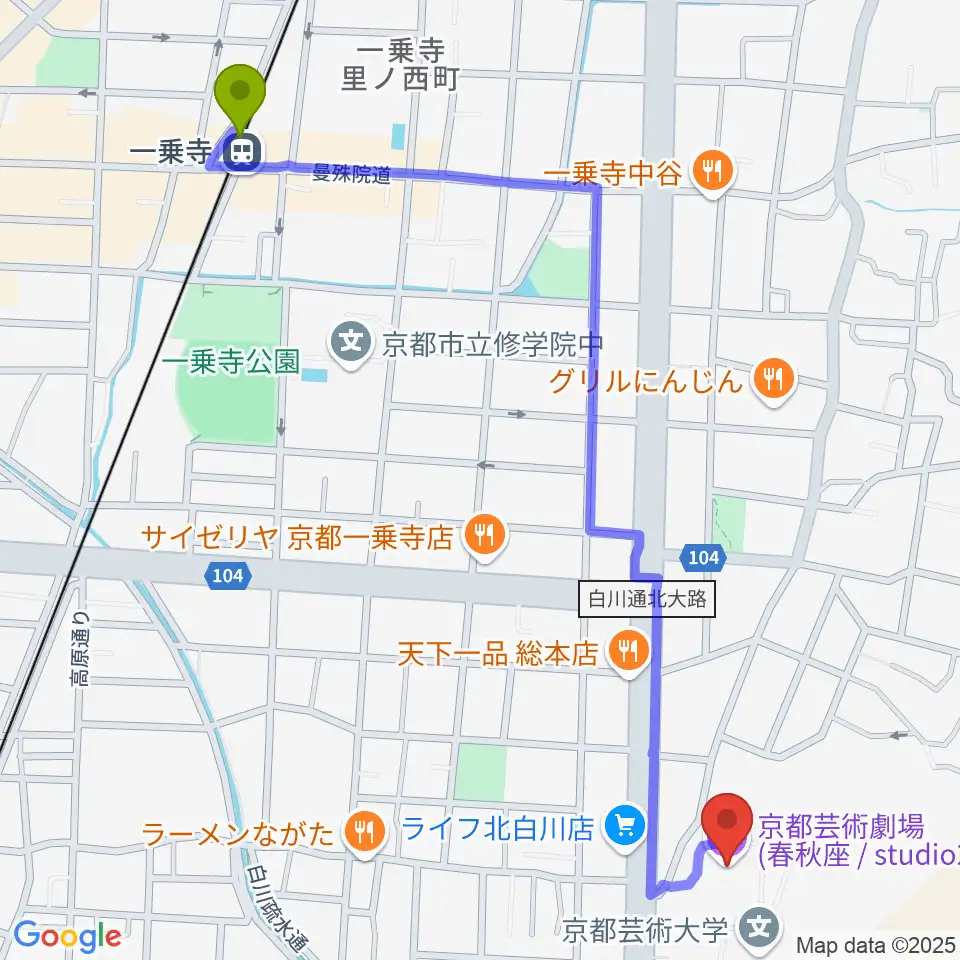 一乗寺駅から京都芸術劇場 春秋座へのルートマップ地図