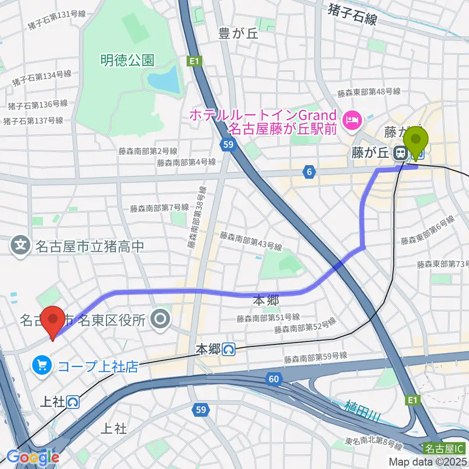 藤が丘駅からライブ・ギャラリー 元へのルートマップ地図