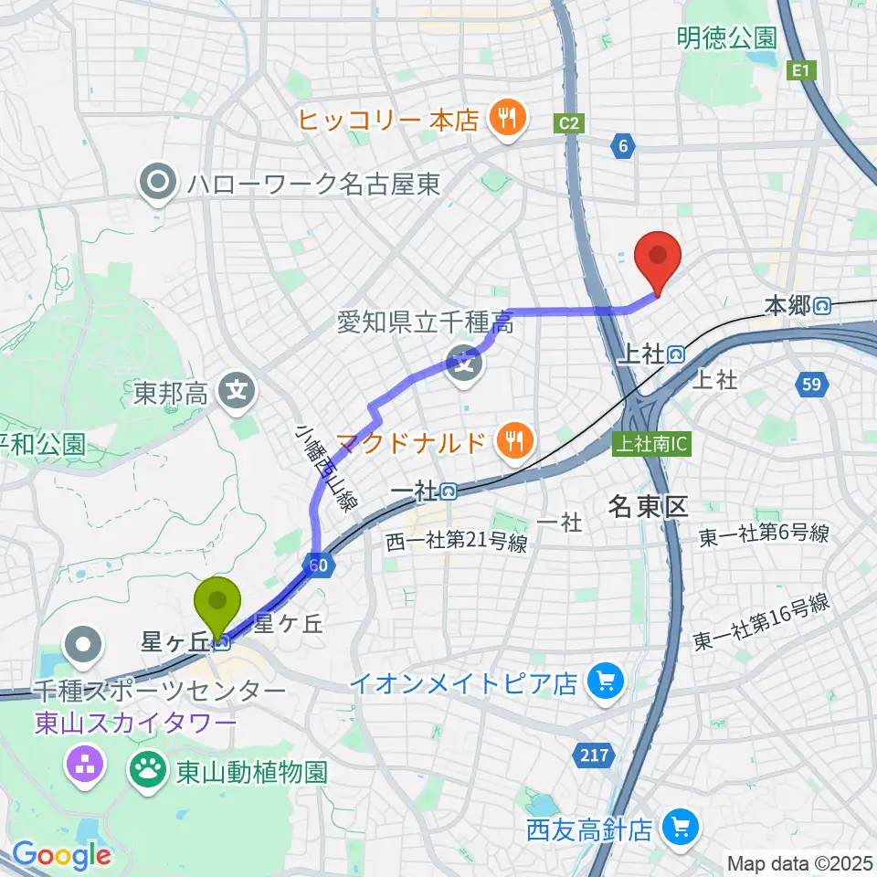 星ヶ丘駅からライブ・ギャラリー 元へのルートマップ地図