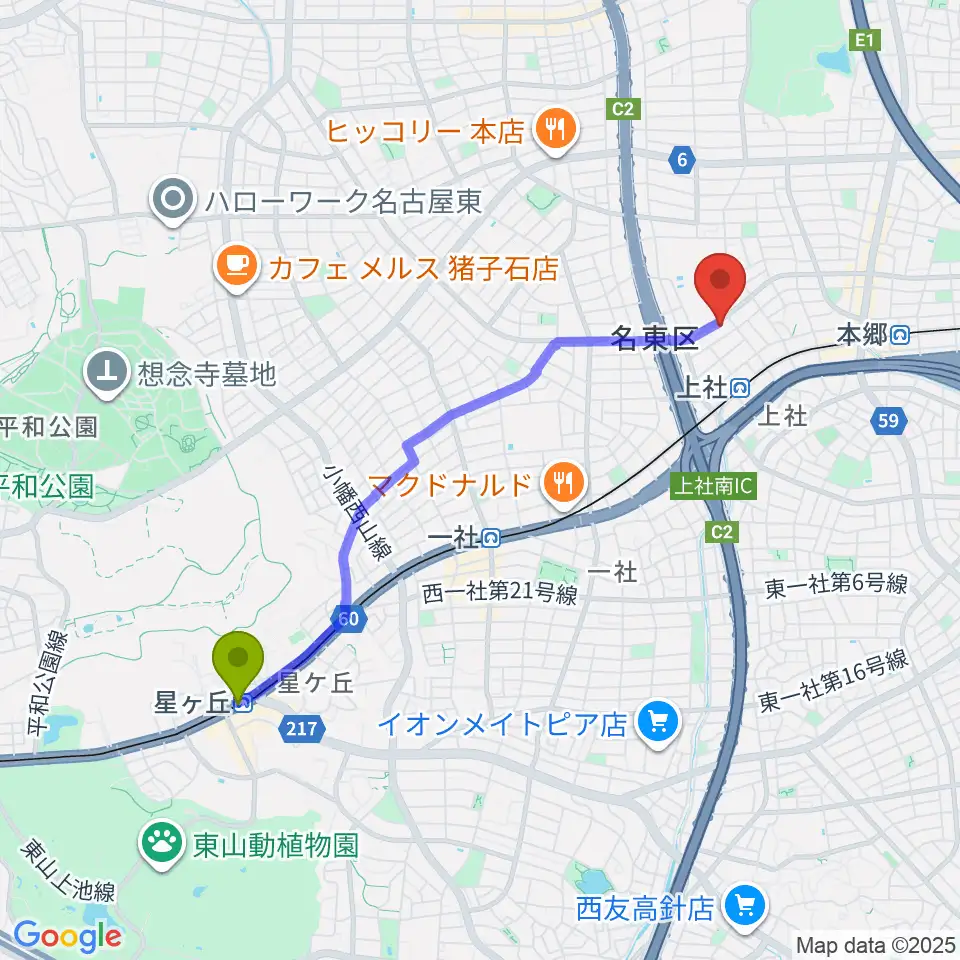 星ヶ丘駅からライブ・ギャラリー 元へのルートマップ地図