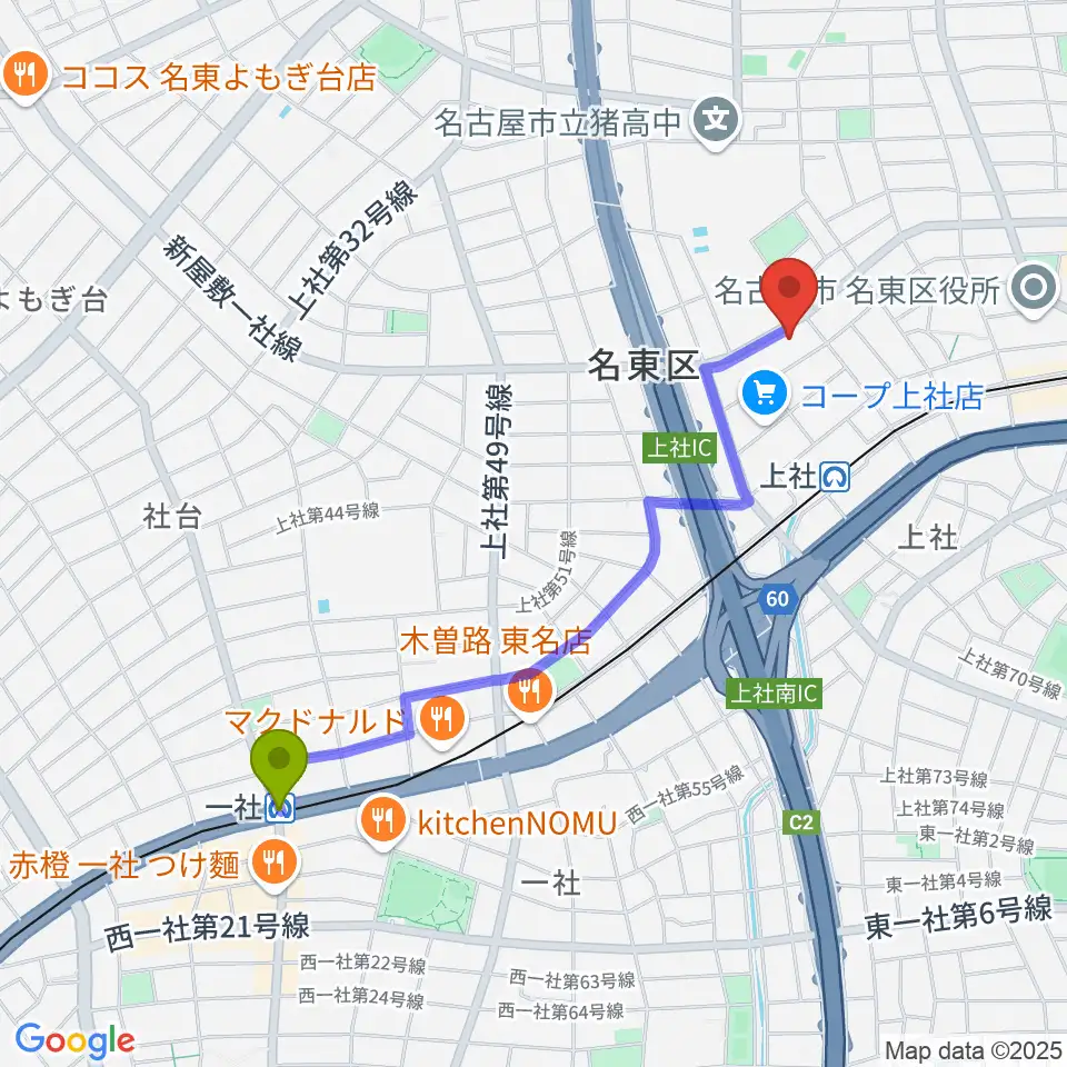 一社駅からライブ・ギャラリー 元へのルートマップ地図