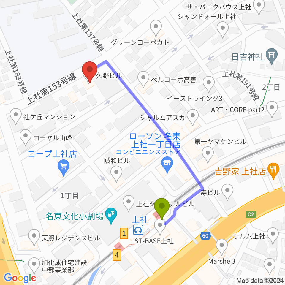 ライブ・ギャラリー 元の最寄駅上社駅からの徒歩ルート（約4分）地図