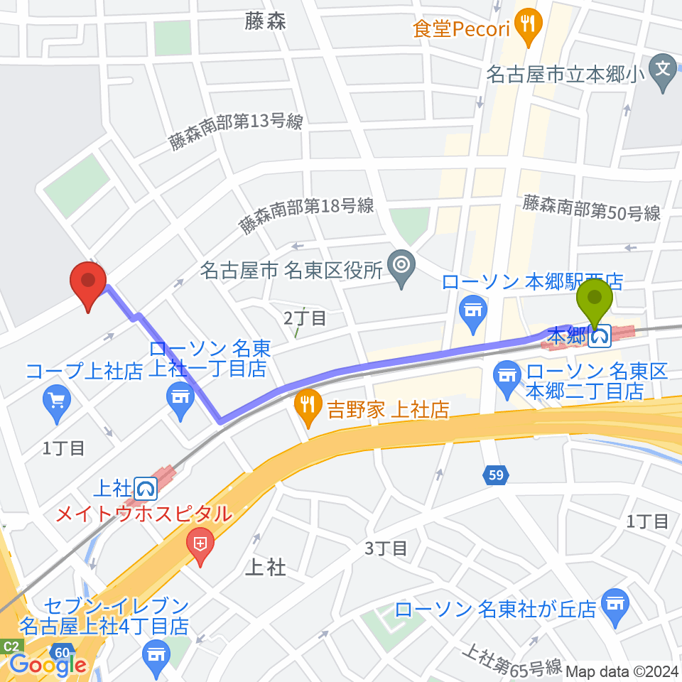 本郷駅からライブ・ギャラリー 元へのルートマップ地図