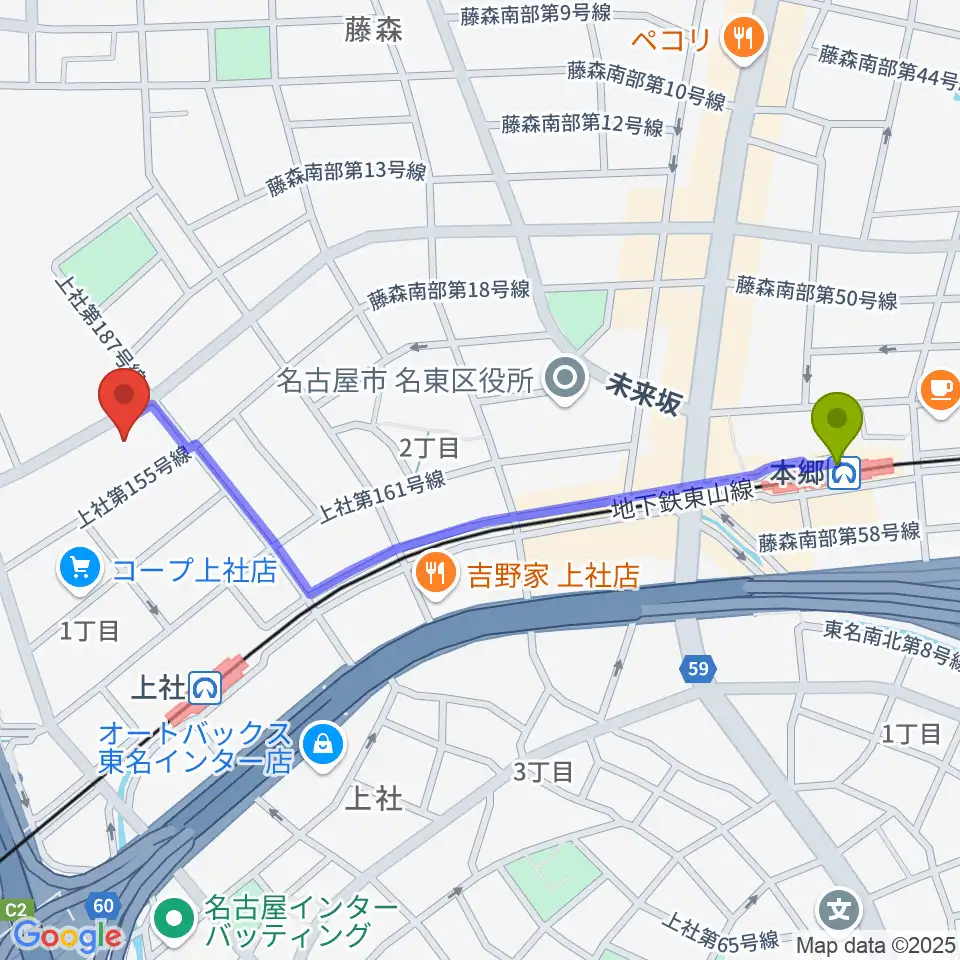 本郷駅からライブ・ギャラリー 元へのルートマップ地図