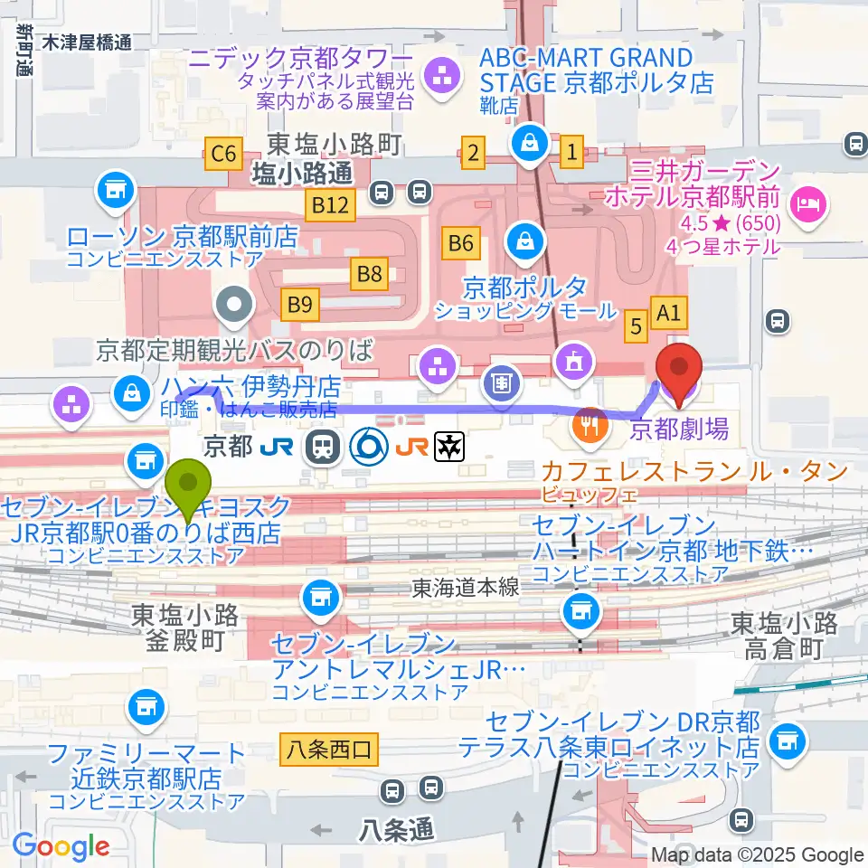 京都劇場の最寄駅京都駅からの徒歩ルート（約5分）地図