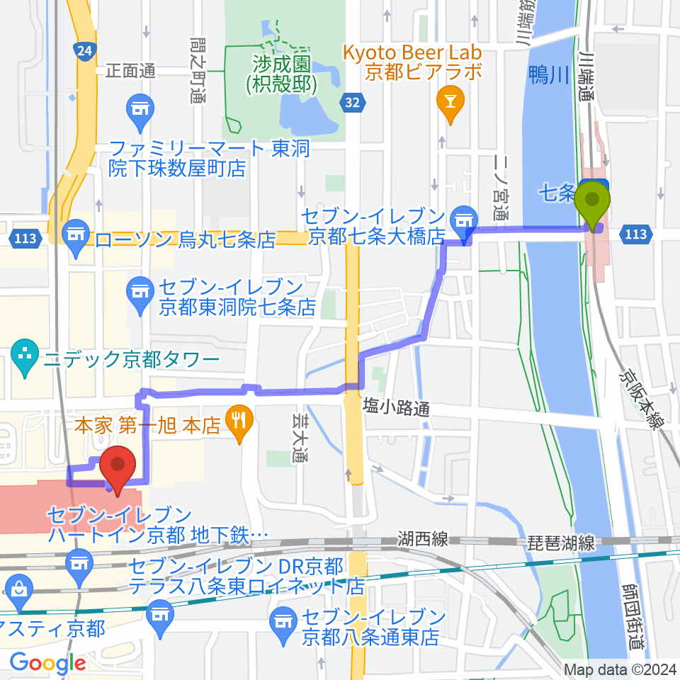 七条駅から京都劇場へのルートマップ地図