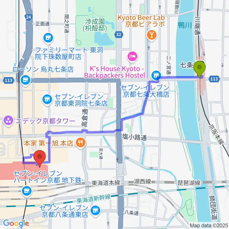 七条駅から京都劇場へのルートマップ地図