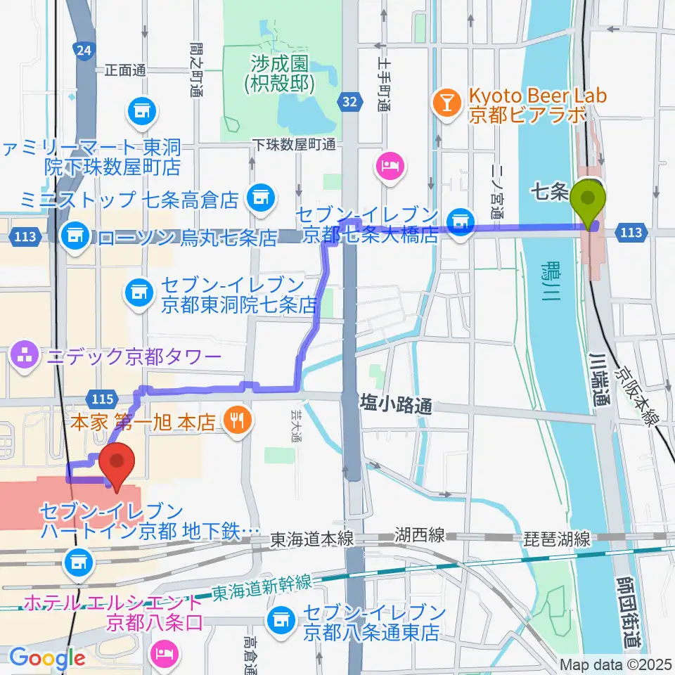 七条駅から京都劇場へのルートマップ地図
